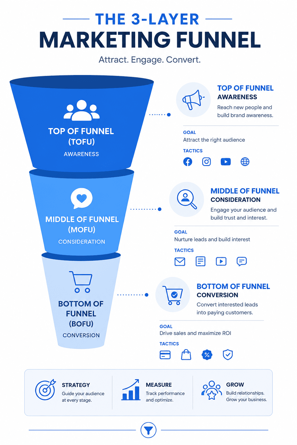 A flat-lay infographic showing a 3-layer marketing funnel